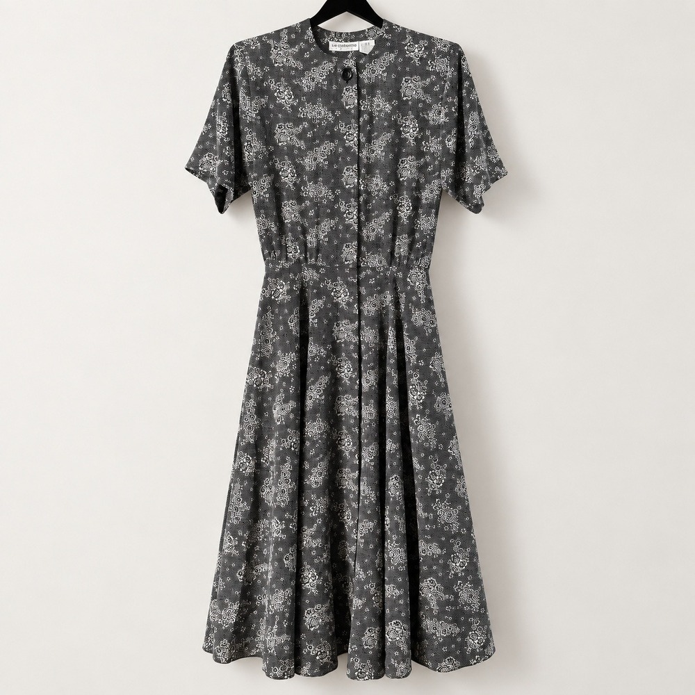 Vintage Romantic Liz Claiborne Floral Maxi Dress Size 10 Black White Cottagecore